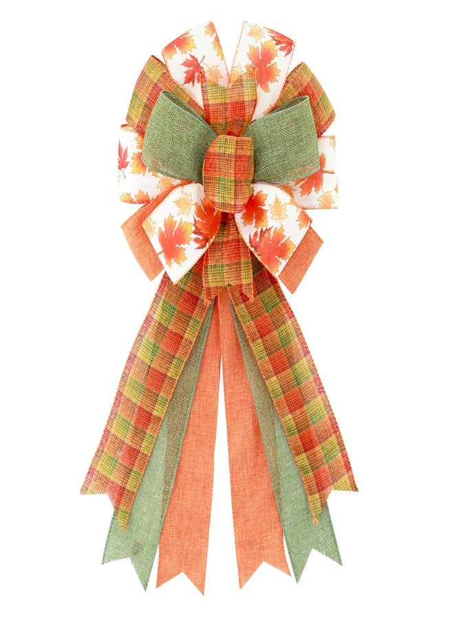 Ftuuo Large Orange Green Buffalo Plaid Wreath Bows, Fall Farmhouse Maple Bow for Wreath Crafts Decorative Hanging Ornament Bow for Harvest Thanksgiving Indoor Outdoor Holiday Autumn Party Decor - Image 1
